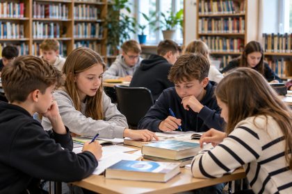 Uczniowie podczas nauki i pracy z książkami w bibliotece