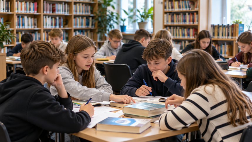 Uczniowie podczas nauki i pracy z książkami w bibliotece