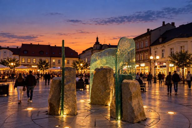 Wieczorny Rynek w Inowrocławiu z oświetloną instalacją i spacerującymi mieszkańcami