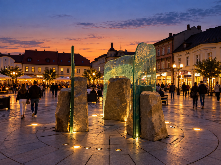 Wieczorny Rynek w Inowrocławiu z oświetloną instalacją i spacerującymi mieszkańcami