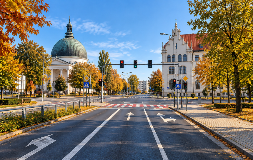 Jesienna ulica w Inowrocławiu w rejonie prowadzonych prac drogowych
