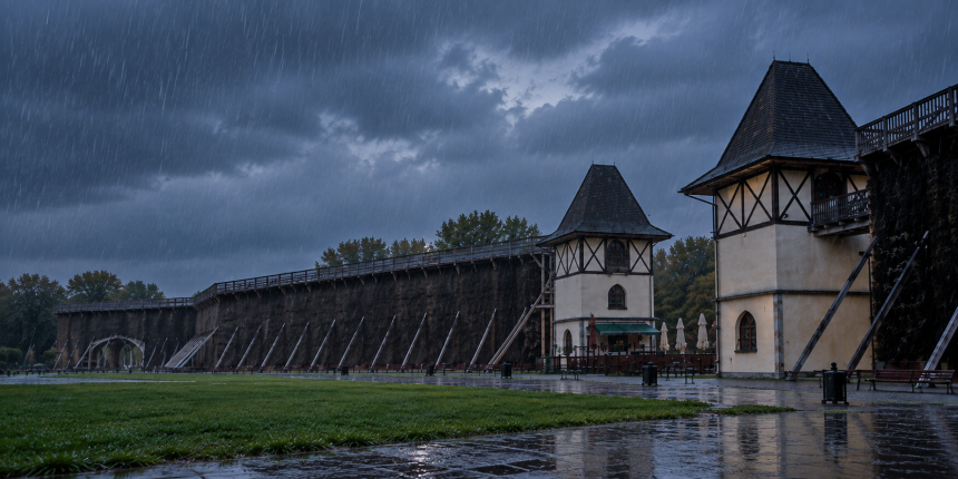 Inowrocławskie Solanki w deszczu, tężnia i wieże widoczne z mokrego placu