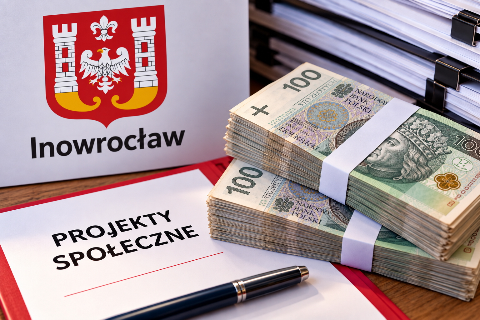 Banknoty i dokumenty symbolizujące dofinansowanie projektów społecznych w Inowrocławiu.